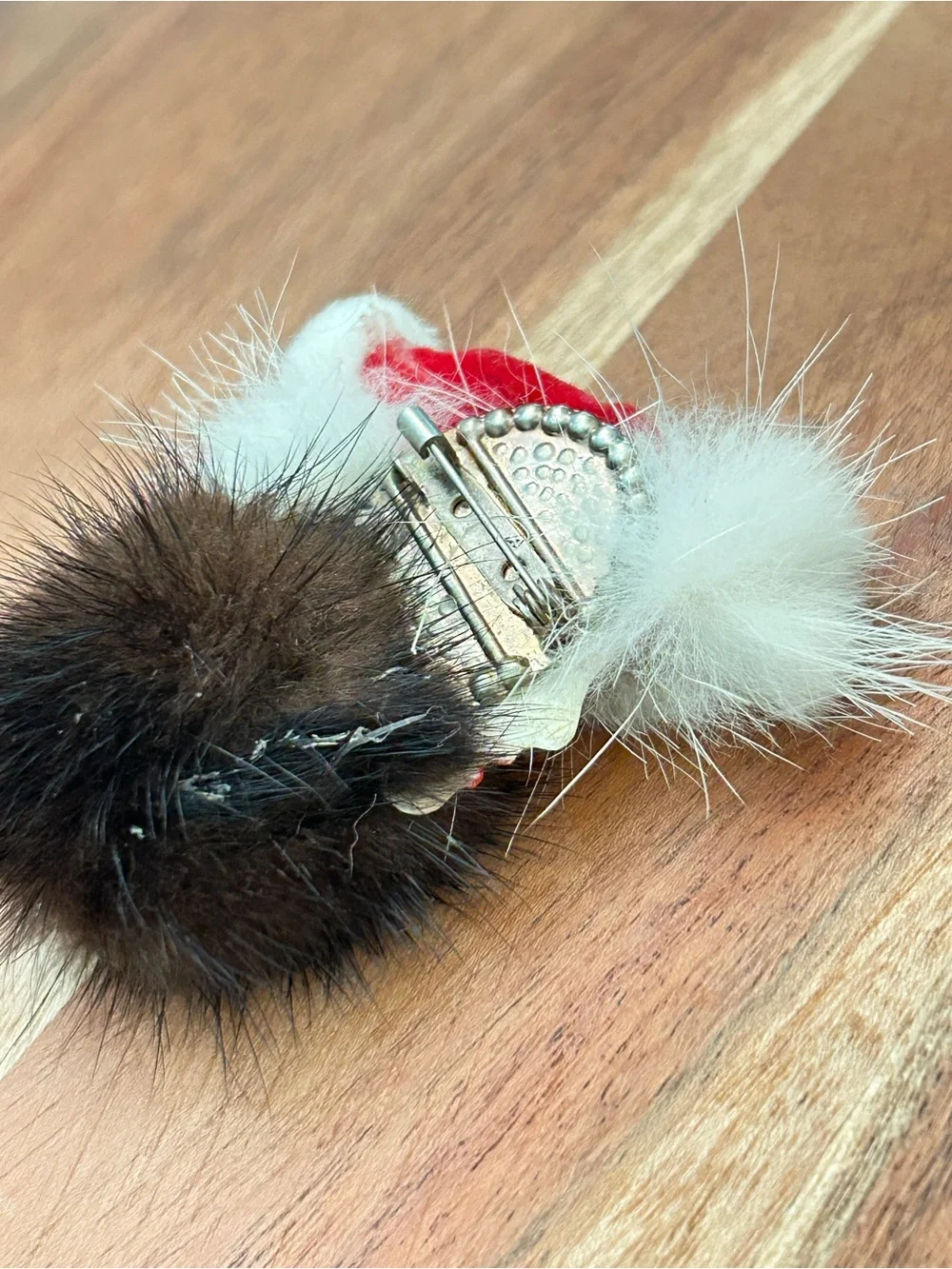 Vintage Fur Pom Face Brooch with Red and White Hat and Dark Brown Fur